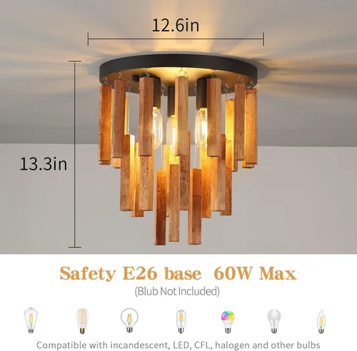 Miniatura 2 de Lámparas de techo semiempotradas de 3 luces, lámpara de madera bohemia, lámpara de techo de roble y negro con E26 para cocina, sala de estar