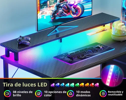 Miniatura 5 de Casaottima - Escritorio de 52 pulgadas para juegos con puertos de carga USB y luz LED - Escritorio reversible para computadora con 3 cajones