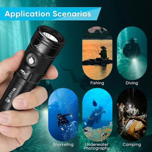 Miniatura 6 de Linterna de buceo WindFire, linterna impermeable para buceo 262 pies bajo el agua, linterna recargable para snorkel con 4 modos y indicador