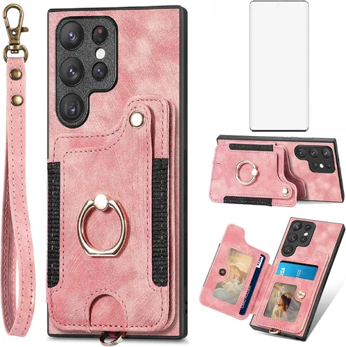 Funda de teléfono para Samsung Galaxy S22 Ultra 5G, funda tipo cartera con protector de pantalla y correa para la muñeca, cordón RFID, soporte para