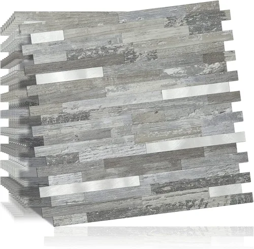 Miniatura 10 de DICOFUN - Azulejo adhesivo de loseta en muro para la cocina, piedra faxu gris claro, PVC con metal mixto, 1 lámina