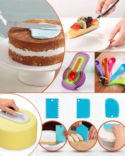 Miniatura 5 de RFAQK Juego de 700 piezas para decoración de pasteles con suministros para hornear - Soporte giratorio para pasteles para decorar con moldes