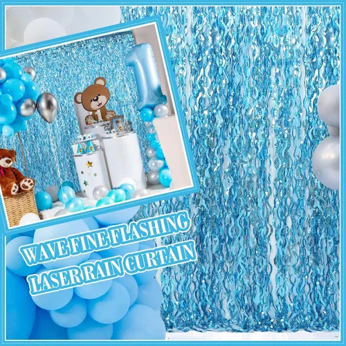 Miniatura 6 de Jutom 6 cortinas onduladas de flecos de papel de oropel de 3.3 x 6.6 pies, cortina de fondo de cortina de fiesta para decoración de fiesta de Azul