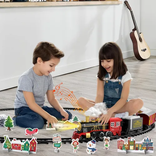 Miniatura 2 de Kukufun - Juego de tren eléctrico para niños, juguetes clásicos de tren de Navidad para niños y niñas, locomotora de vapor, motor, luces y sonido