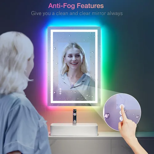 Miniatura 5 de LOAAO Espejo de baño LED de 24 x 36 pulgadas con luces, antiniebla, regulable, retroiluminación RGB + iluminación frontal, espejo de tocador de baño