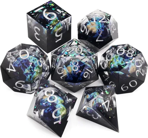 Miniatura 26 de Haxtec Juego de Dados de Borde Afilado DND Juego de Dados con Estuche de Dados Hecho a Mano de Resina con Remolinos Negros Juego de Dados D&D