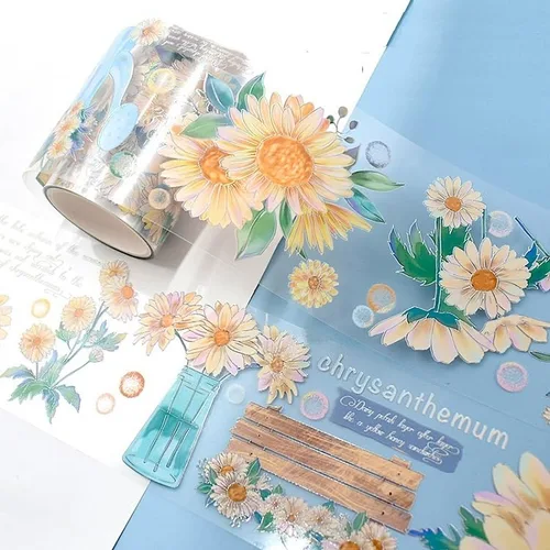 Miniatura 15 de Cinta washi de rosa para collage original de flores, creatividad, hecha a mano, para libro de diario, material PET con efecto láser (90395)