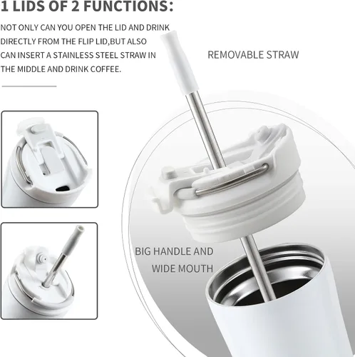 Miniatura 6 de BOTTLE BOTTLE Vaso de café con tapa de doble uso y pajita, taza de café de viaje de doble pared para mujer y hombre, vaso aislado de acero Blanco