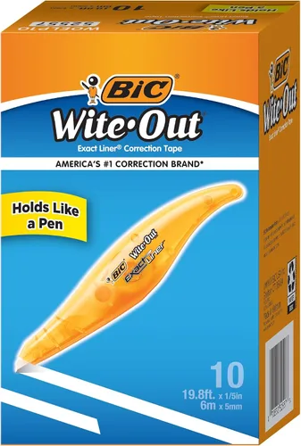 BIC Wite-Out - Cinta correctora exacta de la marca, 19.6 pies, blanca, rápida, limpia y fácil de usar, cinta resistente al desgarro, 10 unidades