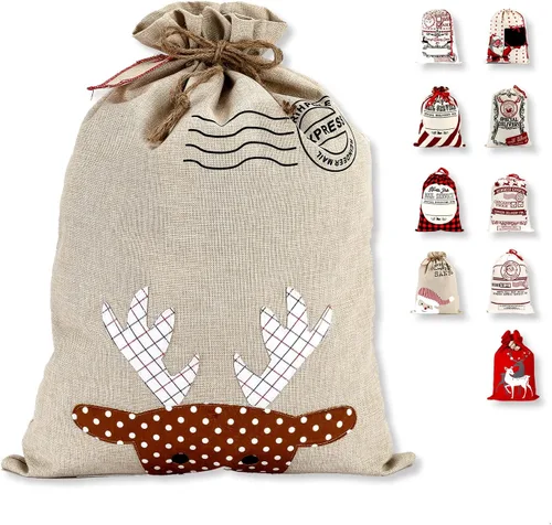 Miniatura 15 de LessMo - Saco de Navidad para Papá Noel, Bolsa de regalo de Navidad grande con cordón, reutilizable, personalizada para el almacenamiento