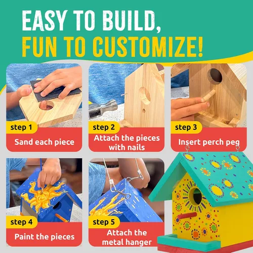 Miniatura 5 de Kit de casa para pájaros SparkJump Jr, casa de madera de cedro para bricolaje para exteriores con pintura, divertido para niños y adultos, kit