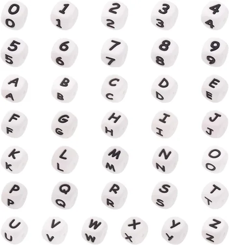 Miniatura 48 de FASHEWELRY 36 cuentas de silicona redondas del alfabeto A-Z, cuentas focales de goma de vaca para pulseras, collares, llaveros, fabricación de joyas