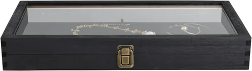 Miniatura 8 de MOOCA Vitrina de madera para joyas, vitrina de bolsillo con tapa superior de vidrio templado y almohadilla de joyería de terciopelo MDF de lujo