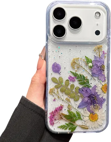 Miniatura 11 de Funda floral para iPhone 17 con flores reales prensadas, bonito diseño de flores secas prensadas transparentes con purpurina para mujer, suave TPU