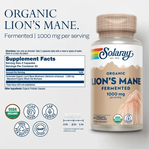 Miniatura 2 de SOLARAY Cápsulas de suplemento de melena de león orgánico - Proporciona 1000 mg de hongos orgánicos de melena de león, fermentados para una mejor