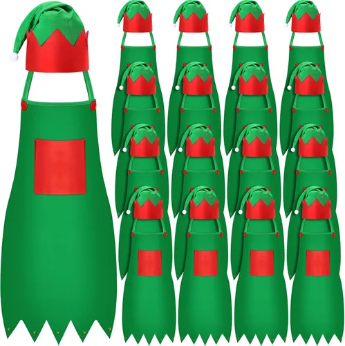 Miniatura 12 de Handepo - Conjunto de delantal y gorro de elfo navideño para niños, sombreros de Papá Noel para niños, suministros de fiesta navideña para niños