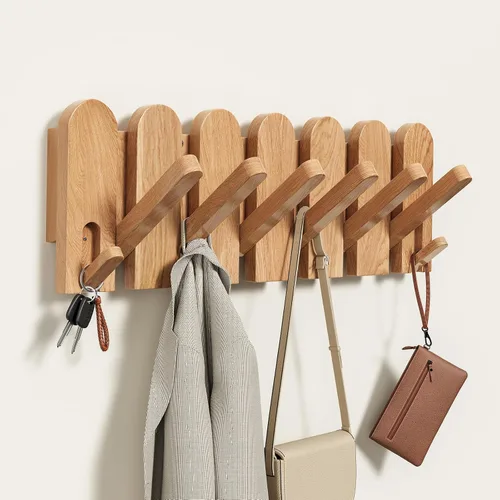 Miniatura 9 de Perchero de madera de nogal, montaje en pared, 16.5 pulgadas, con 8 ganchos retráctiles, ganchos resistentes para colgar abrigos, sombreros