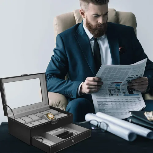 Miniatura 8 de Hossejoy Caja de reloj de cuero con 12 organizadores de relojes para hombre con cajón de exhibición de joyas organizador de caja de reloj