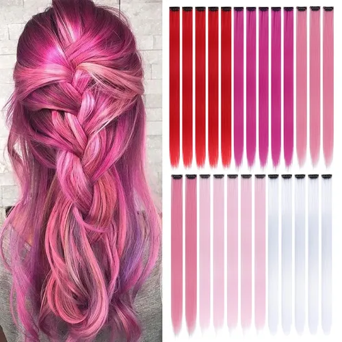 Miniatura 19 de Paquete de 12 extensiones de cabello de colores arcoíris, mechones para fiestas, 22 pulgadas, extensiones de cabello coloridas con clip, mechones