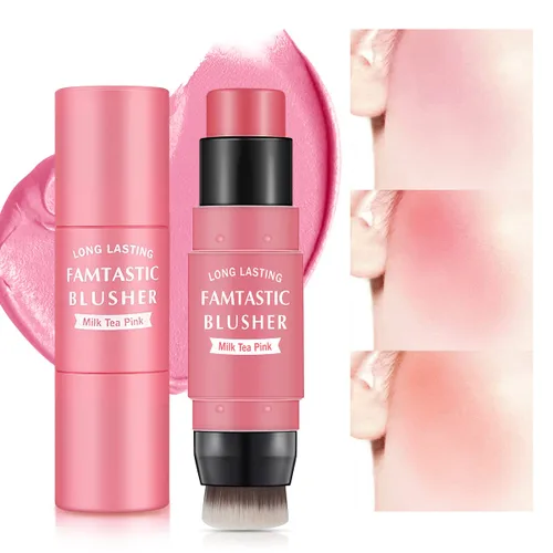 LOKFAR Rubor en barra en crema para mejillas – Rubor de maquillaje múltiple 2 en 1 con pincel para tinte de mejillas, ojos y labios, textura en #01