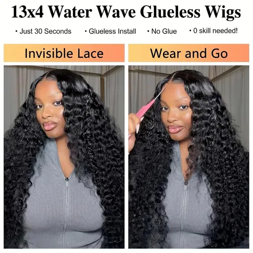 Miniatura 5 de Wear and Go - Pelucas de cabello humano sin pegamento, pelucas de encaje frontal de 13 x 4 con ondas de agua de 28 pulgadas, densidad del 180%