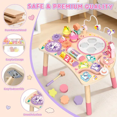 Miniatura 4 de Mesa de actividades de madera para niños pequeños de 1 a 3 años, unicornio 10 en 1, tablero Montessori ocupado con forma de laberinto de cuentas