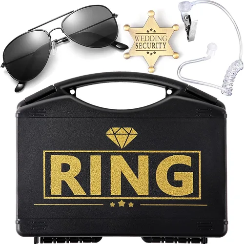 Seguridad del portador de boda: juego de seguridad para anillo de boda, portador de caja de anillo + gafas de sol + auriculares, cosplay + portador