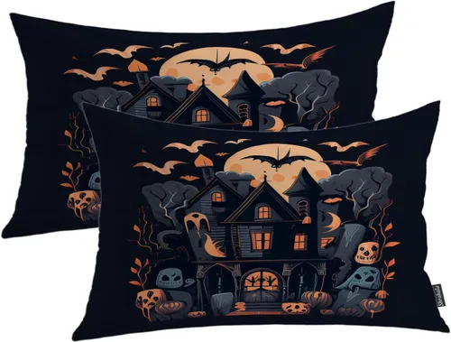 Miniatura 44 de Shrahala Funda de almohada decorativa de castillo oscuro de Halloween, casa con murciélagos de bruja, esqueleto, funda de almohada cuadrada mezclada
