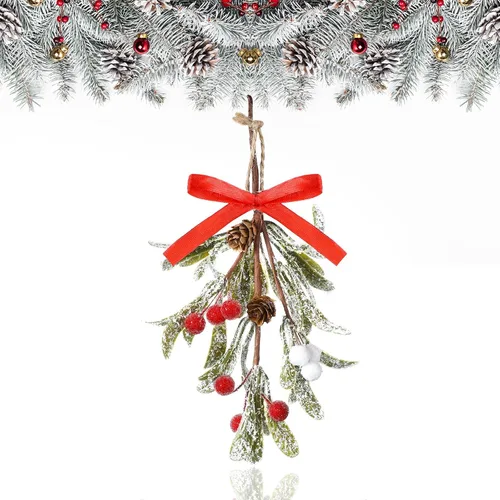 Miniatura 15 de Giegxin 1 pieza Adorno de Navidad Artificial de Muérdago Colgante con Lazo Rojo Bouquet de Adornos Colgantes de Navidad Floral con Piñas Naturales