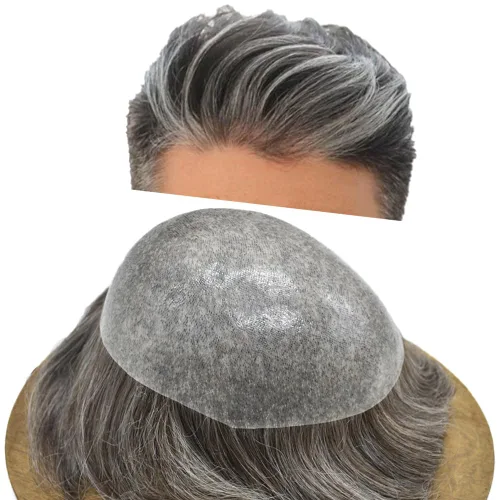 Miniatura 9 de Toupee para hombres Sistema de reemplazo de cabello humano real para hombres Completo PU Mens Hairpiece de aspecto natural para hombre piezas
