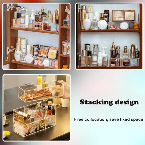 Miniatura 5 de Organizador de acrílico de 4 piezas, organizador de maquillaje, encimera para cajones, organizador de baño, organizador de almacenamiento
