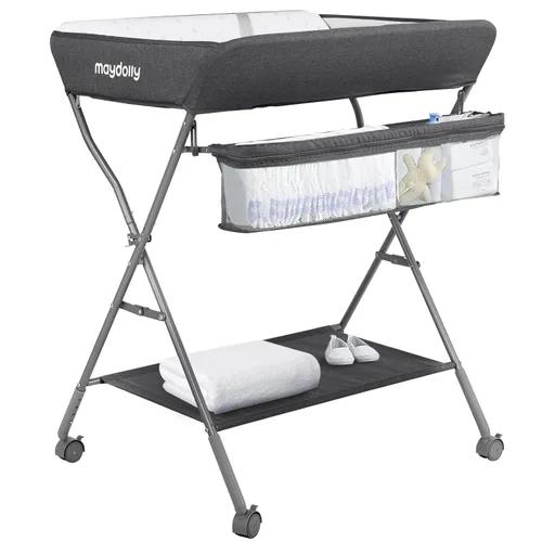 Mesa de Cambiar para Bebé con Ruedas, Maydolly Estación de Pañales Portátil Ajustable en Altura Plegable con Organizador de Guardería y Estante de