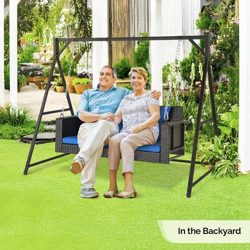 Miniatura 5 de VINGLI Columpio de mimbre para porche al aire libre con soporte, juego de ratán resistente de 800 libras con cojines, 4 pies para patio, jardín