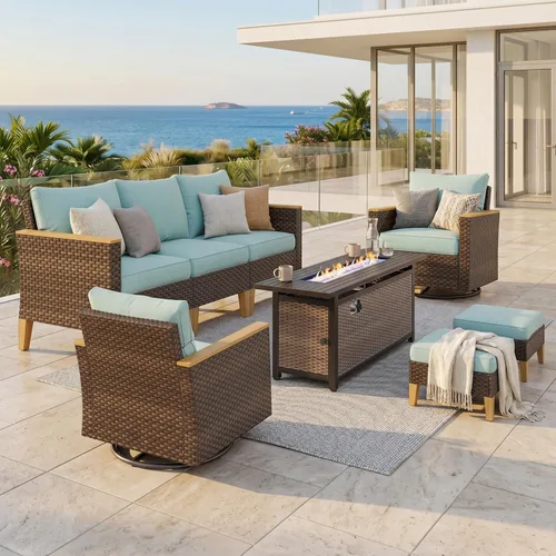 Miniatura 19 de PHI VILLA Otomana de mimbre para patio, 2 piezas, asiento otomano de mimbre para todo tipo de clima, reposapiés para exteriores con cojines
