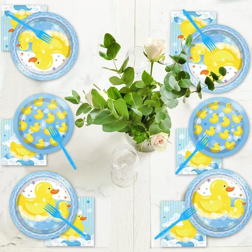 Miniatura 5 de gisgfim Juego de 96 platos y servilletas de pato de goma desechables con temática de pato, suministros para fiestas, cumpleaños, baby shower