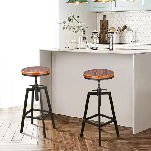 Miniatura 2 de Taburetes de bar industriales, silla de comedor de cocina, taburete de metal de madera, silla giratoria de altura ajustable, negro, juego de 2