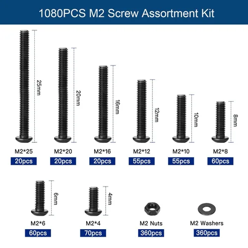 Miniatura 2 de Kit surtido de tornillos M2 de 1080 piezas, tornillos M2 M2x4/6/8/10/12/16/20/0.984 in, tornillos M2 de cabeza de botón hexagonal métrica de acero