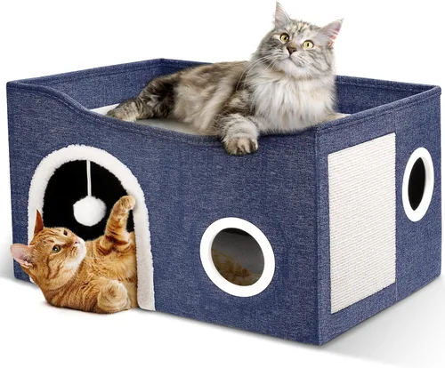 Miniatura 11 de Heeyoo - Casa para gatos de interior, cueva grande con cama para gatos con bola esponjosa y almohadilla para arañar, casas y condominios plegables