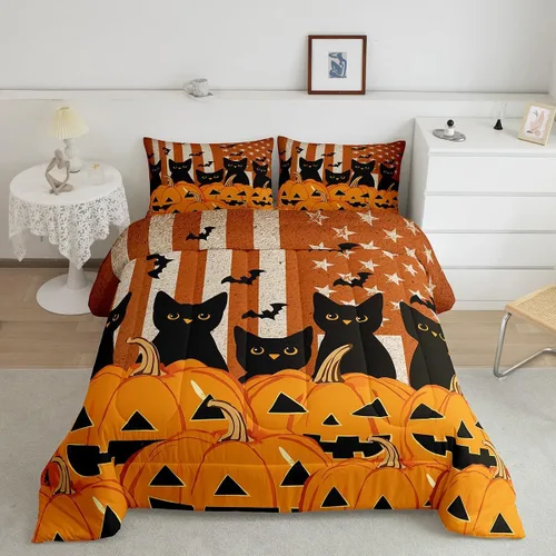 Miniatura 24 de Juego de edredón rosa con temática de Halloween, tamaño individual, edredón de farol de calabaza para adolescentes, juego de ropa de cama de Multi
