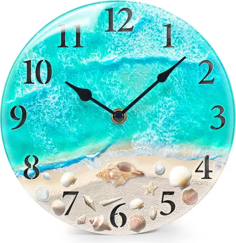 Miniatura 6 de Reloj de pared de cristal náutico costero con diseño de concha marina y tema estético de playa, funciona con pilas, decoración de pared silenciosa