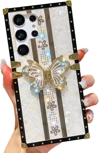 Miniatura 26 de Compatible con Funda Samsung Galaxy S22 Ultra, Diseño de Mariposa Brillante de Lujo con Soporte Plegable Kickstand para Mujeres y Niñas, Funda Rosa