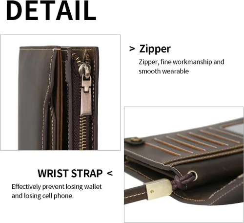 Miniatura 6 de Cartera de cuero de grano completo con bloqueo RFID para hombres con ranuras para tarjetas, bolsillo para monedas, ventana de identificación