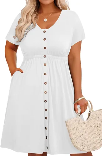 Miniatura 38 de Holipick Vestidos de verano para mujer, talla grande, casual, con bolsillos, acampanado, con botones, sin mangas, cuello en V