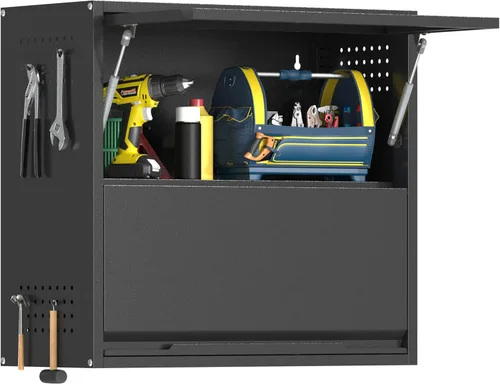 Miniatura 11 de Armario de pared de garaje de metal con puerta abatible, armario de almacenamiento superior de acero con asa y orificios de ventilación