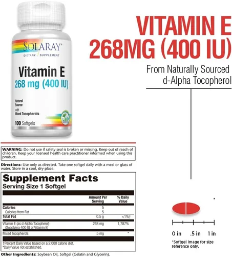 Miniatura 3 de SOLARAY Vitamina E d-alfa tocoferol 268mg (400 UI) Salud del corazón y la piel, apoyo de la actividad antioxidante 100ct