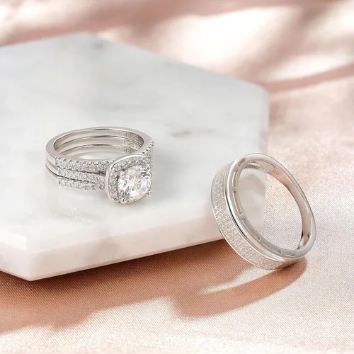 Miniatura 2 de Juego de anillos de boda chapados en oro de 18 quilates con circonita cúbica redonda de 2 quilates para hombre, plata de ley, anillos para pareja