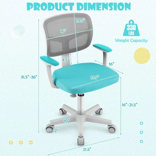 Miniatura 3 de GLACER Silla de escritorio para niños, silla de estudio giratoria de malla ajustable con ruedas, brazos, silla ergonómica para computadora con Verde
