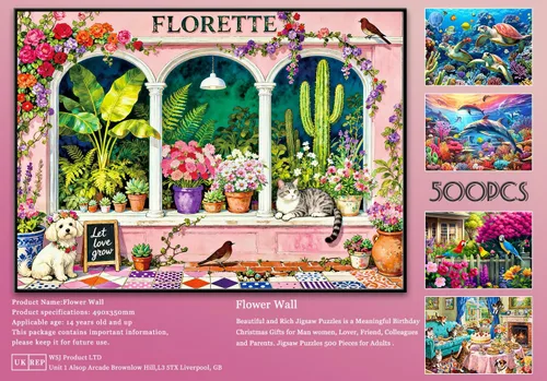 Miniatura 7 de Rompecabezas de 500 piezas para adultos, ventana de jardín floral con lindo cachorro de gato, rompecabezas de papel para decoración de plantas