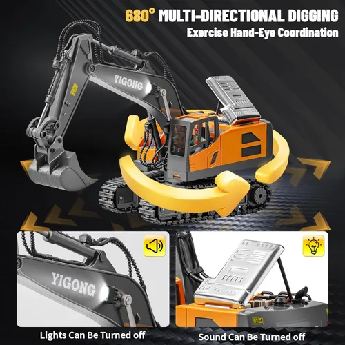 Miniatura 4 de Excavadora de juguete a control remoto, excavadora de construcción RC de 11 canales con pala de metal, luces y sonidos, excavadora todoterreno