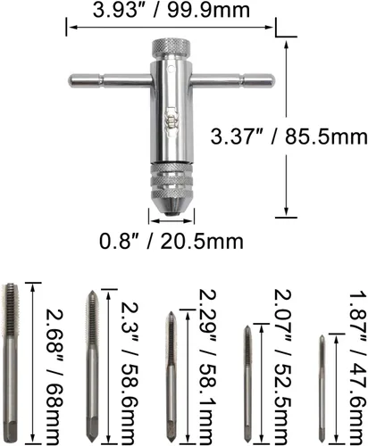 Miniatura 6 de KOOTANS Llave de grifo con mango en T de trinquete + 5 piezas M3 M4 M5 M6 M8 Tornillo de máquina de rosca métrica de fresado en forma de T, juego